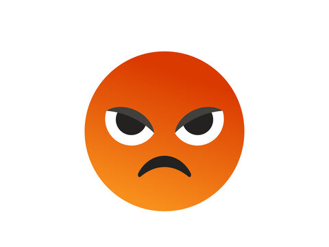 Orange angry face emoticon with furious eyes and deep frown on white background. Glossy gradient mad emoji expresses rage and anger. Isolated vector icon for feedback, complaint or mood design.
