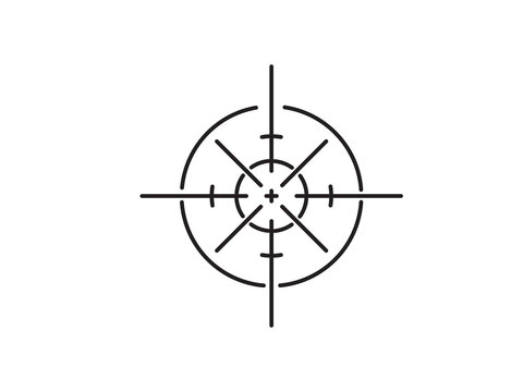 Black crosshair target scope with circles and tick marks on white background. Precise sniper aim reticle symbolizes focus and accuracy. Isolated vector icon for shooting, hunting or gaming.