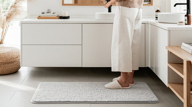 Low Angle View of Person Standing on Tiled Kitchen Floor wearing Slippers