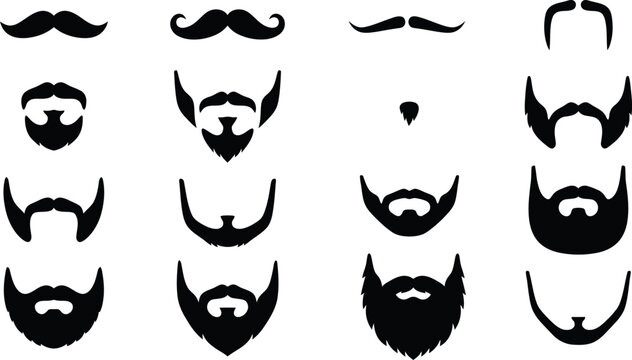 Collection of various black silhouette beard and mustache styles on a white background