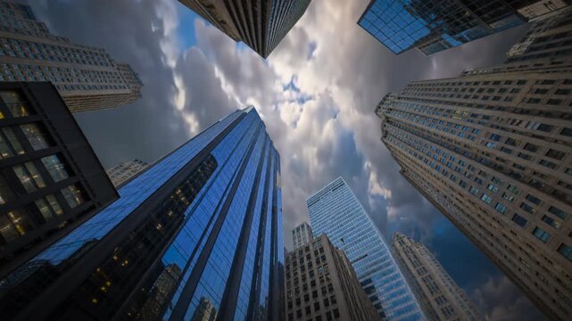 Fast moving clouds above high rise buildings