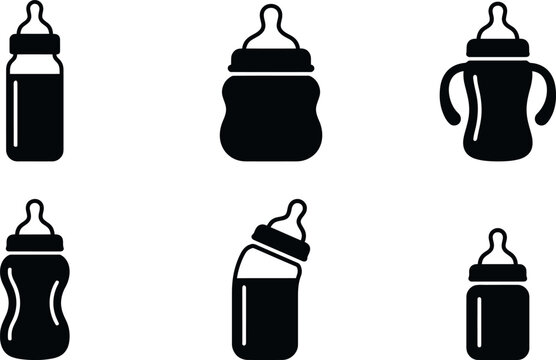 Collection of baby bottles in various shapes and sizes isolated on a white background