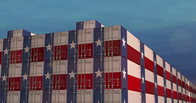 Texas USA export production and import cargo containers in port terminal business concept. Texas flag industrial shipping box 3d.