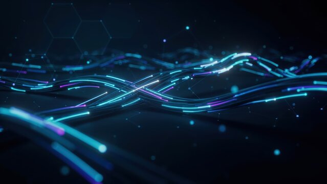 Neon blue light waves flow through dark fiber optic cables. This abstract visualization depicts high speed data transmission and modern digital network technology connectivity.