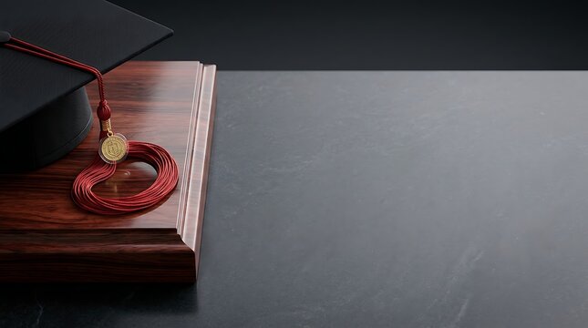 Graduation cap with tassel resting on wooden surface near diploma frame for academic achievement imagery