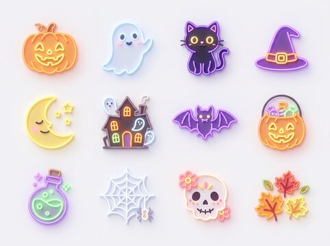 Vibrant Halloween neon icons collection featuring glowing pumpkins cute ghosts black cats witches hats spooky houses flying bats smiling moon spider webs and colorful autumn leaves