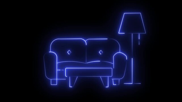 Modern glowing blue sofa and floor lamp on dark background