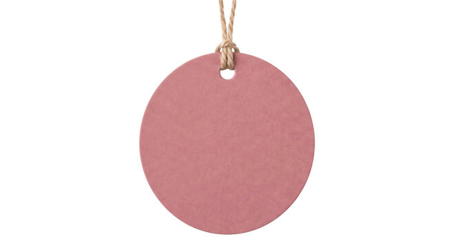 Blank dusty pink circular gift tag hanging from a rustic twine string on white background