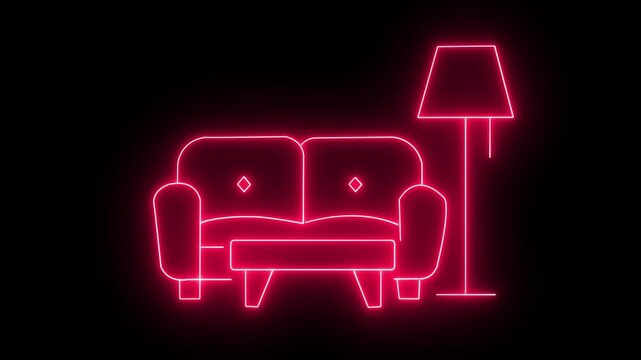 Neon glowing modern sofa and lamp in dark room