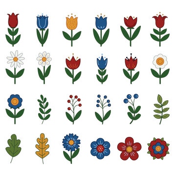 Vector set of Scandinavian folk art floral design elements. Simple colorful flowers, leaves, and berries isolated on white background. For traditional frames borders and patterns, decor.