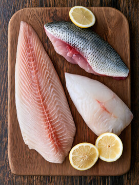 Fresh fish fillets and raw seafood on wooden board