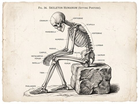 Detailed vintage medical illustration showing a human skeleton sitting in a posture on a large block with descriptive labels for various bones on aged paper