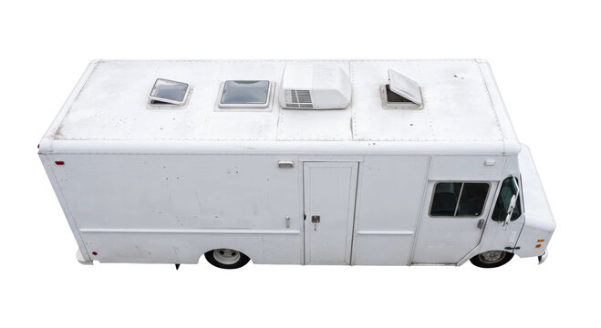 High angle view of a white step van delivery truck isolated on a plain white background