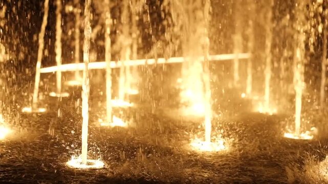 Illuminated ground water fountain spraying at night.