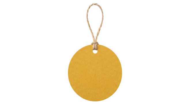 Blank yellow circular paper tag with a rustic jute twine string isolated on white background