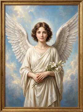 Serene angel with large white wings and pearl necklace holds delicate lilies within an ornate gold picture frame against a soft blue ethereal cloudy sky
