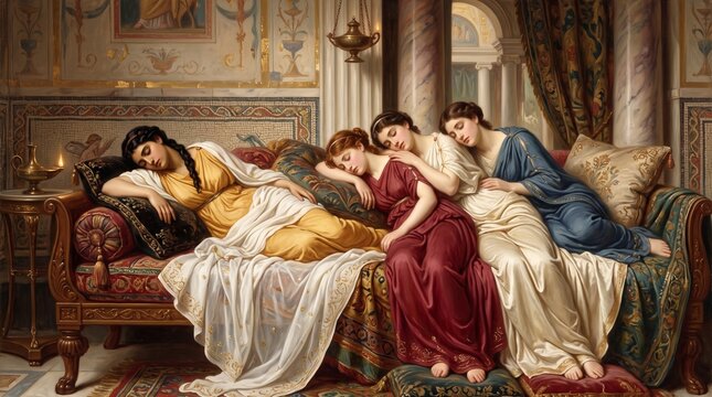Beautiful classical women in flowing colorful gowns sleeping peacefully together on an ornate velvet sofa inside a grand marble palace room with soft ambient golden lighting