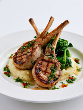 Grilled lamb chops with mashed potatoes and broccolini