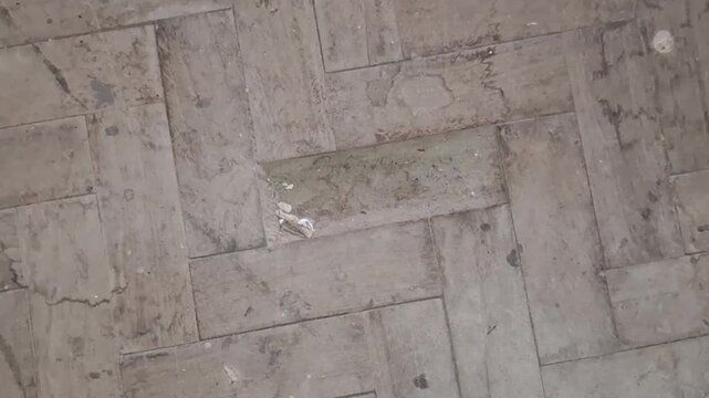 Damaged wooden parquet floor with missing tile