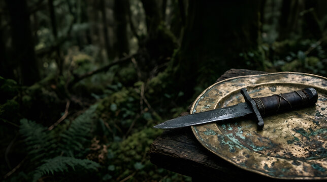 Combat knife resting on weathered metal plate in dark forest