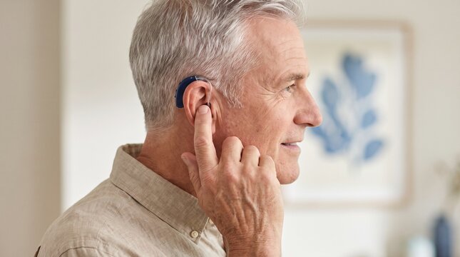 Audiology: Senior man adjusts hearing aid for confident communication and independent living