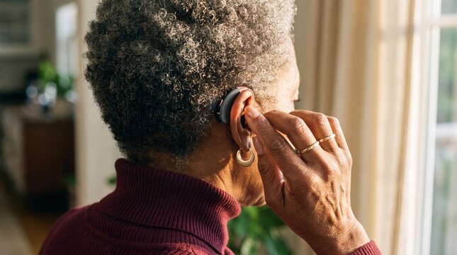 Audiology: Black older woman adjusting hearing aid at home for independent living