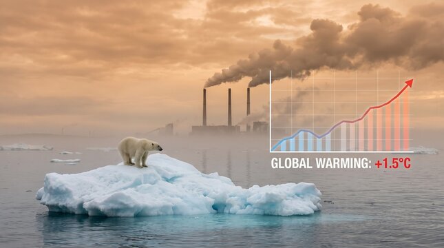 Polar bear standing on a melting iceberg with industrial factory smoke and a global warming chart