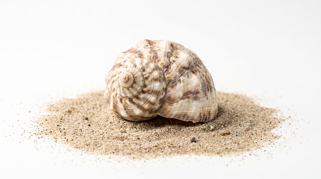 Seashell resting on a pile of fine sand with a white background