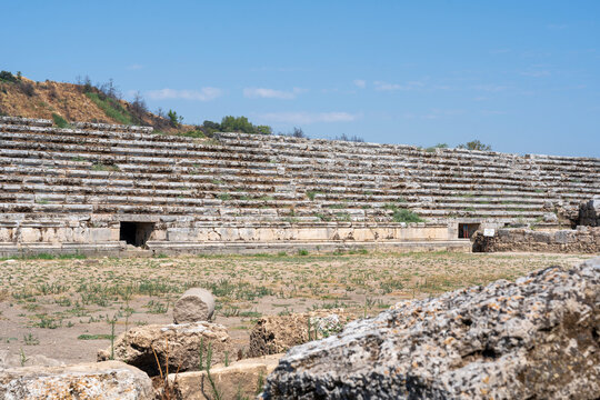 Horseshoe-shaped stadium with seating capacity in Perga or Perge or Parha is ancient Lycian settlement, Greek city in Pamphylia, Roman province of Pamphylia Secunda, Aksu, Antalya, Turkey or Turkiye