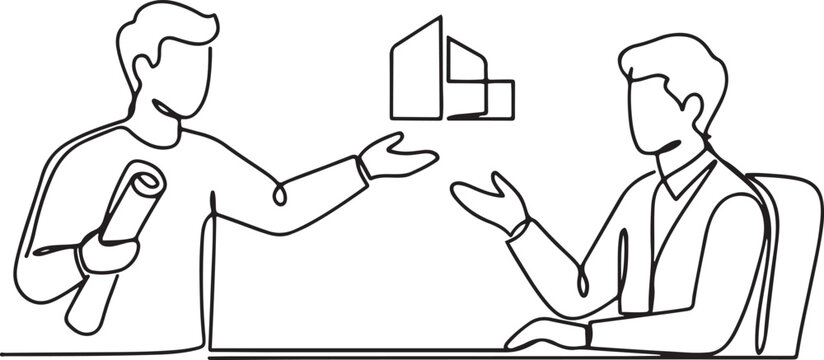 Single continuous line drawing of young architect coordinator explaining construction concept to company manager. Building architecture business concept. one line Icon drawing