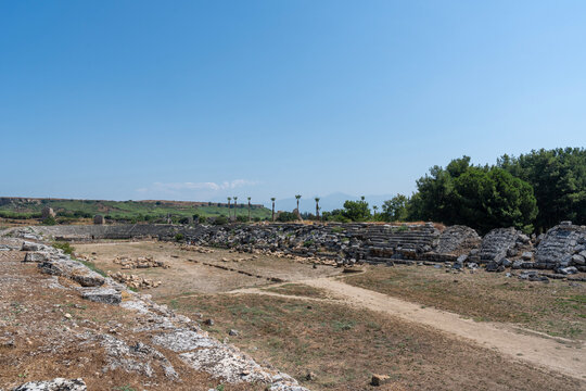 Horseshoe-shaped stadium with seating capacity in Perga or Perge or Parha is ancient Lycian settlement, Greek city in Pamphylia, Roman province of Pamphylia Secunda, Aksu, Antalya, Turkey or Turkiye