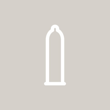 Minimalist condom line icon vector, white contraceptive outline symbol on beige background, safe sex protection sign for medical education infographics, birth control reproductive health emblem.