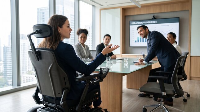 businesswoman in wheelchair leading presentation meeting with colleagues in office