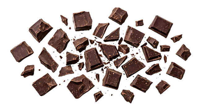 Dark chocolate chunks scattered and floating against a clean white background for food design