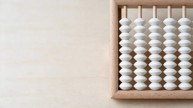 A wooden abacus with white beads on a light wood background