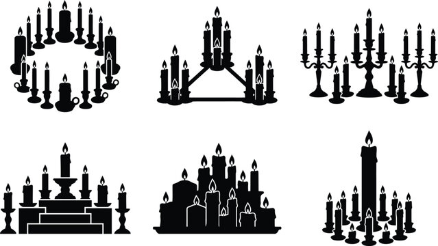 Black silhouettes of various candelabras and menorahs against a white background depict ceremonial lighting