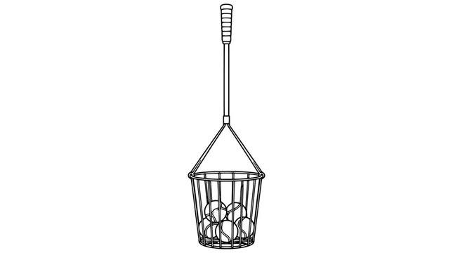 Line art illustration of a tall tennis ball hopper with long grip handle, triangular frame and wire basket holding a cluster of seamed balls rendered in thin black outlines in upright centered posture