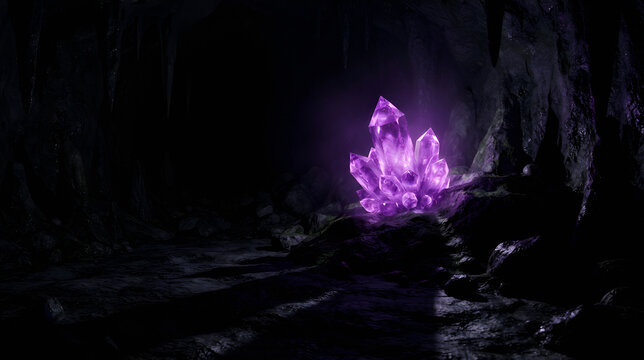 Glowing purple crystal in dark cave interior