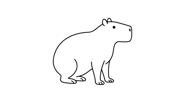 Minimalist outline illustration of a capybara in side profile with bulky barrel body blunt boxy muzzle rounded ears short legs and tiny dot eye drawn with medium smooth lines in standing pose