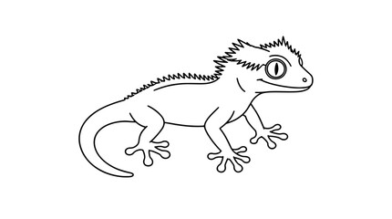 Fototapeta premium Black outline line art illustration of a crested gecko lizard in side view with spiked dorsal crest, large round eye, curled tail and splayed toed feet drawn with bold lines showing four legs