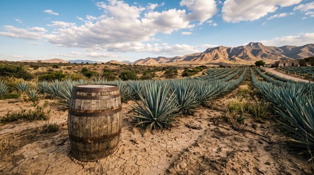 Rustic old wooden barrel in an expansive blue agave field under a bright blue sky with clouds and arid mountains, showcasing traditional tequila production
