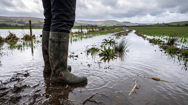 Dirty muddy boots standing in a flooded agricultural field under a cloudy sky, showing the impact of heavy rain and waterlogging on farmland