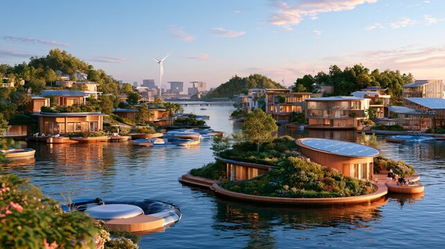 View of a community built on floating platforms surrounded by water