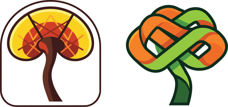 Abstract tree logos set featuring geometric mushroom badge and green orange braided knot tree