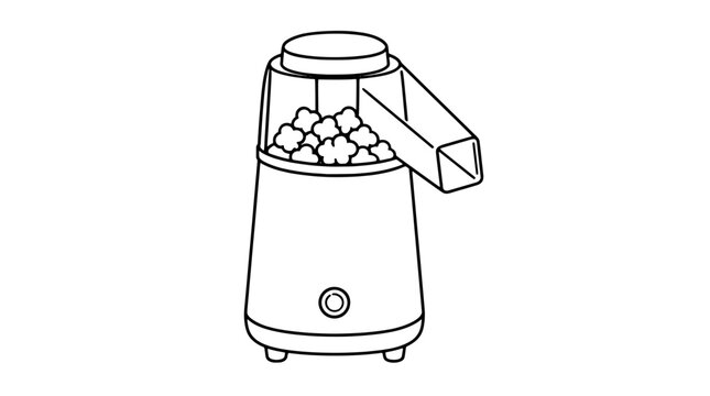 Black outline vector icon of a hot air popcorn popper with top chamber holding popped corn, side chute and front button, drawn with medium lines in front view for kitchen appliance graphics