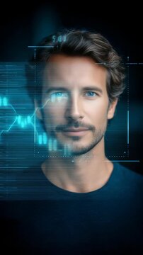 Confident young man with piercing blue eyes and wavy hair stands against a futuristic digital background. Facial recognition technology highlights his face in a modern portrait