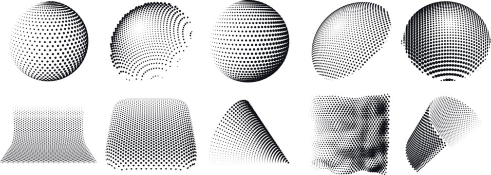 Halftone 3D geometric shapes. Dotted round sphere, distorted perspective mesh grids, circular gradient balls, stage,  cone and distorted plane. Abstract tech wireframe, futuristic elements collection