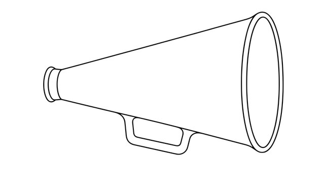 Black outline vector icon of a cheer megaphone in side view with flared bell narrow mouthpiece and rectangular handle drawn in thin lines in horizontal composition for fan support graphics