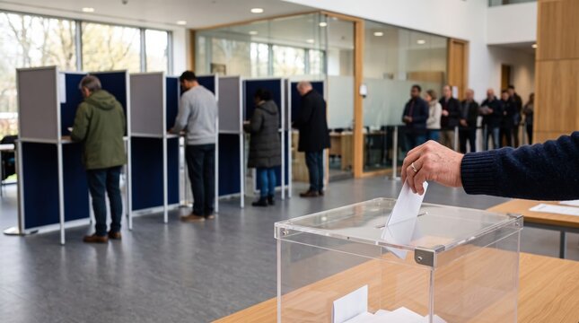 Person casting ballot into a clear election box during voting day, representing democracy, civic duty, and the electoral process in a modern polling station