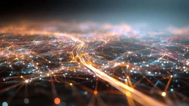 Futuristic digital network landscape with glowing data connections, vibrant light trails, representing advanced technology, global connectivity. Abstract visualization information flow, innovation